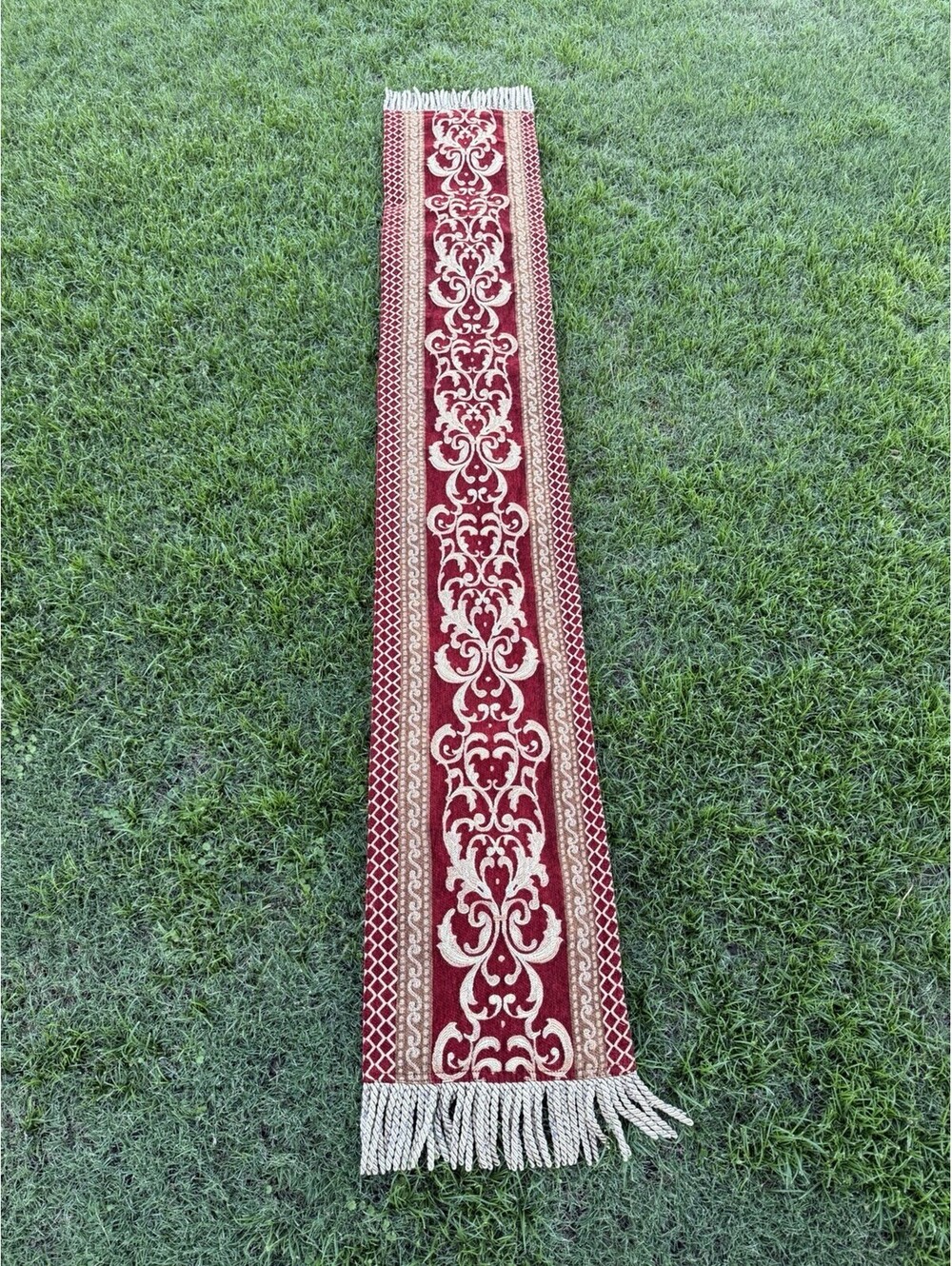 Vintage Elegant Red and Gold Damask Table Runner 77”x12”